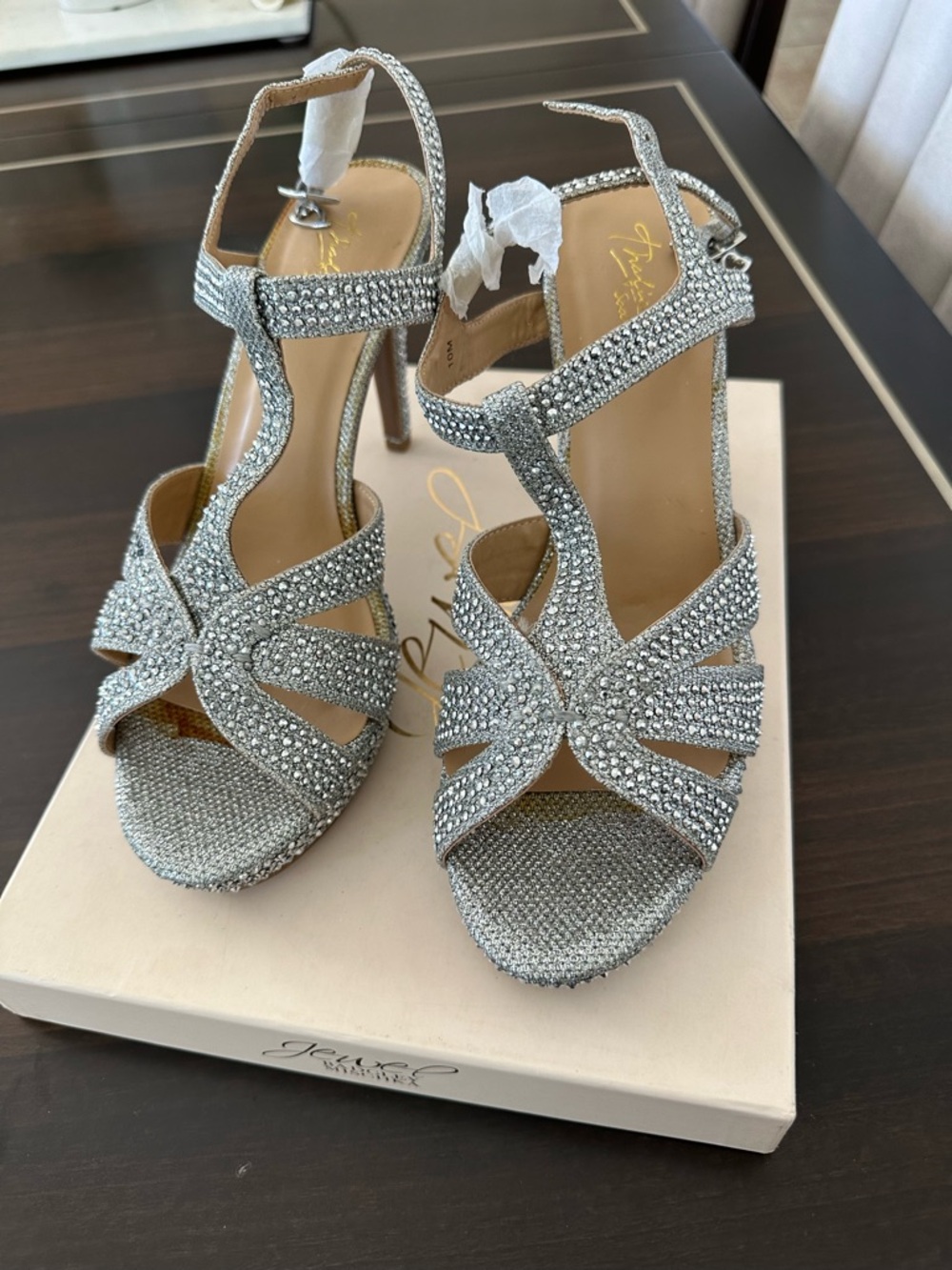 Silver Crystal Embellished T-Strap High Heel Sandals